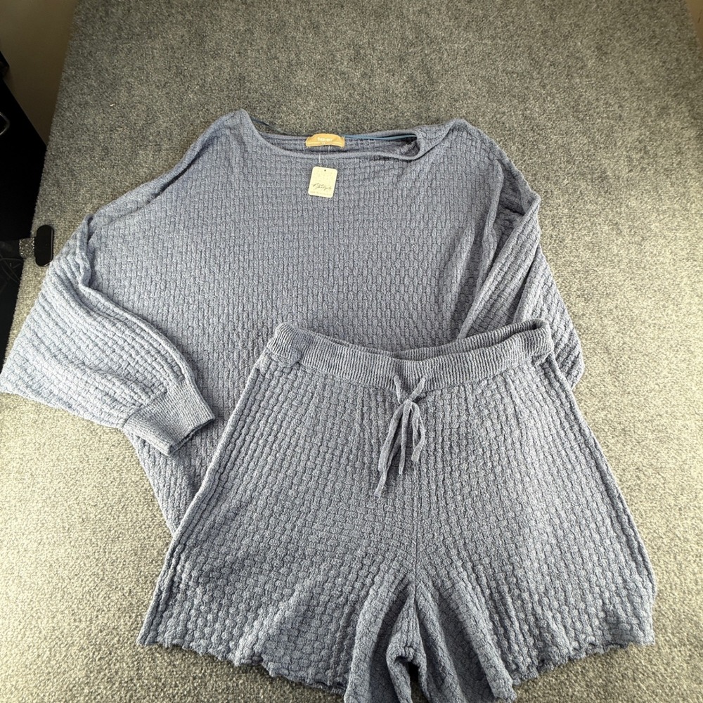 Free People Free-est Blue Waffle Knit Loungewear Set Top and Shorts Large NEW